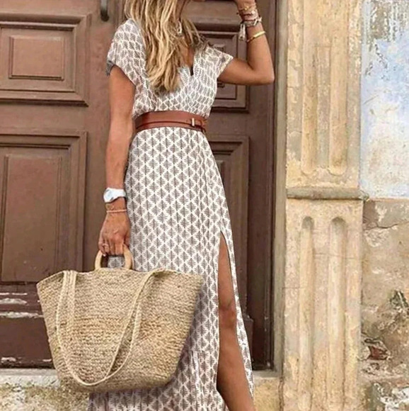 . Dresses & Skirts - Casual Summer Printed Wrap V-Neck Batwing Sleeve High Slit A-Line Dress